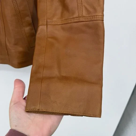 Quince 100% Leather Stand-Collar Jacket size M Women's in Cognac Brown Full Zip - Picture 7 of 16